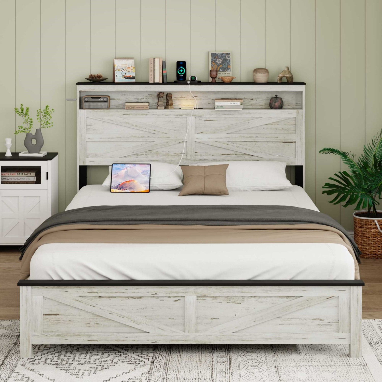 Queen/King Size Platform Bed Frame w/ Storage Headboard & LED Light & USB Ports