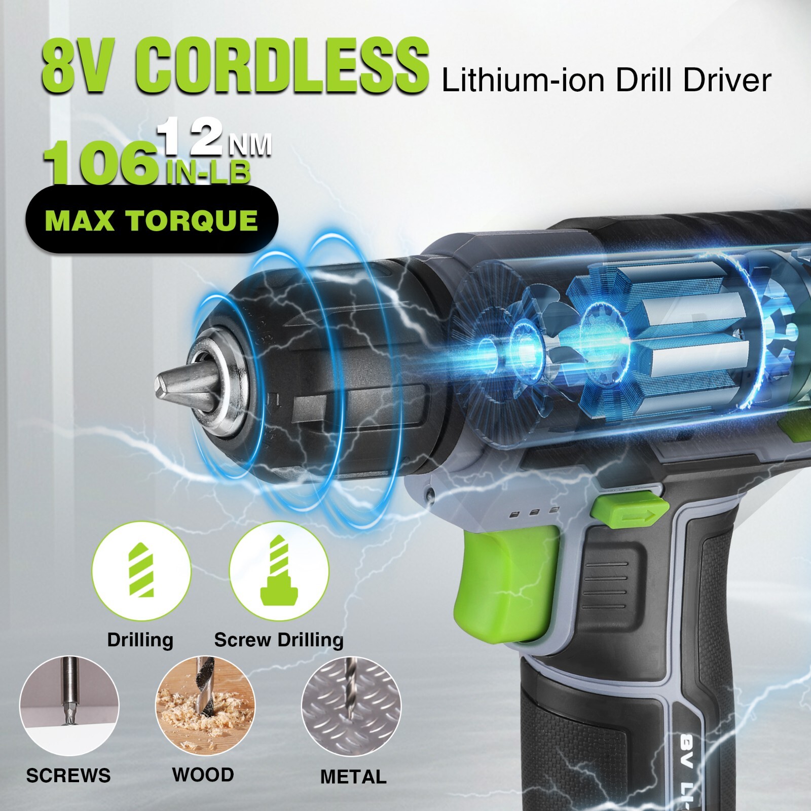 WORKPRO 43PCS Cordless Lithium-ion Drill Driver and Toolbox, 8V 2.0 Ah Power