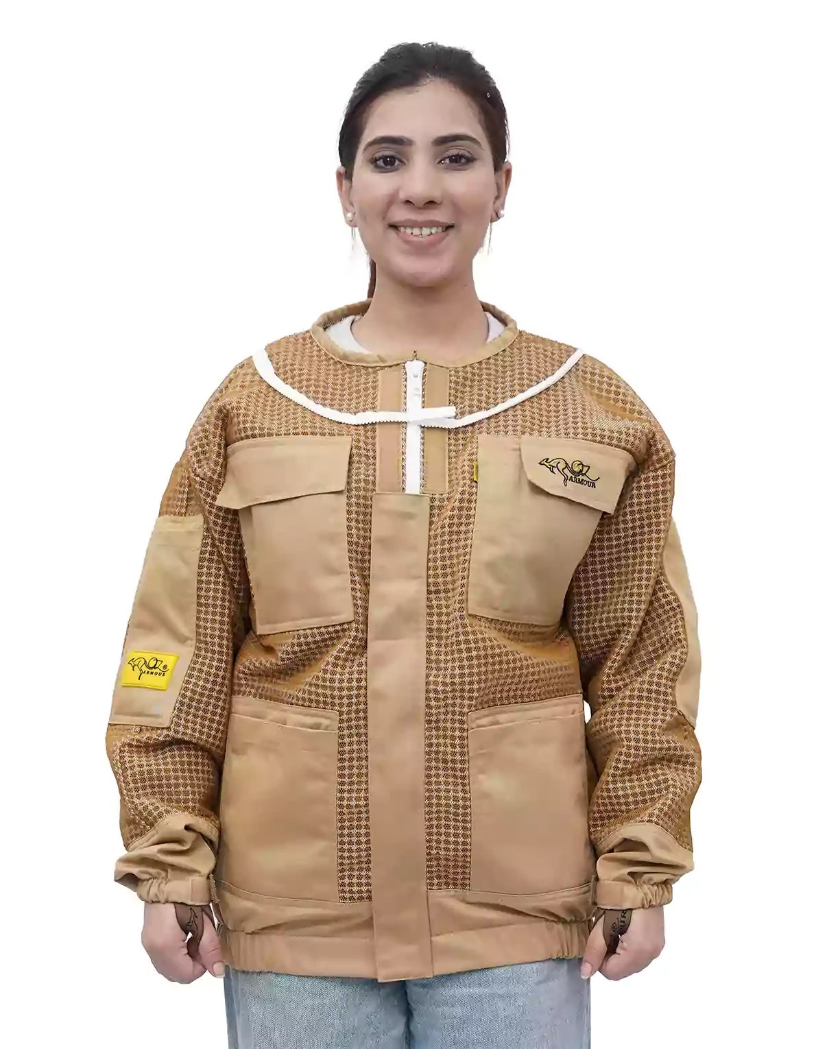 OZ ARMOUR Khaki 3 Layer Mesh Ventilated Beekeeping Jacket With Round Hat Veil