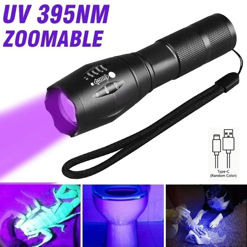 UV Flashlight LED Torch Zoomable Ultra Violet Black White Dual Light Detector