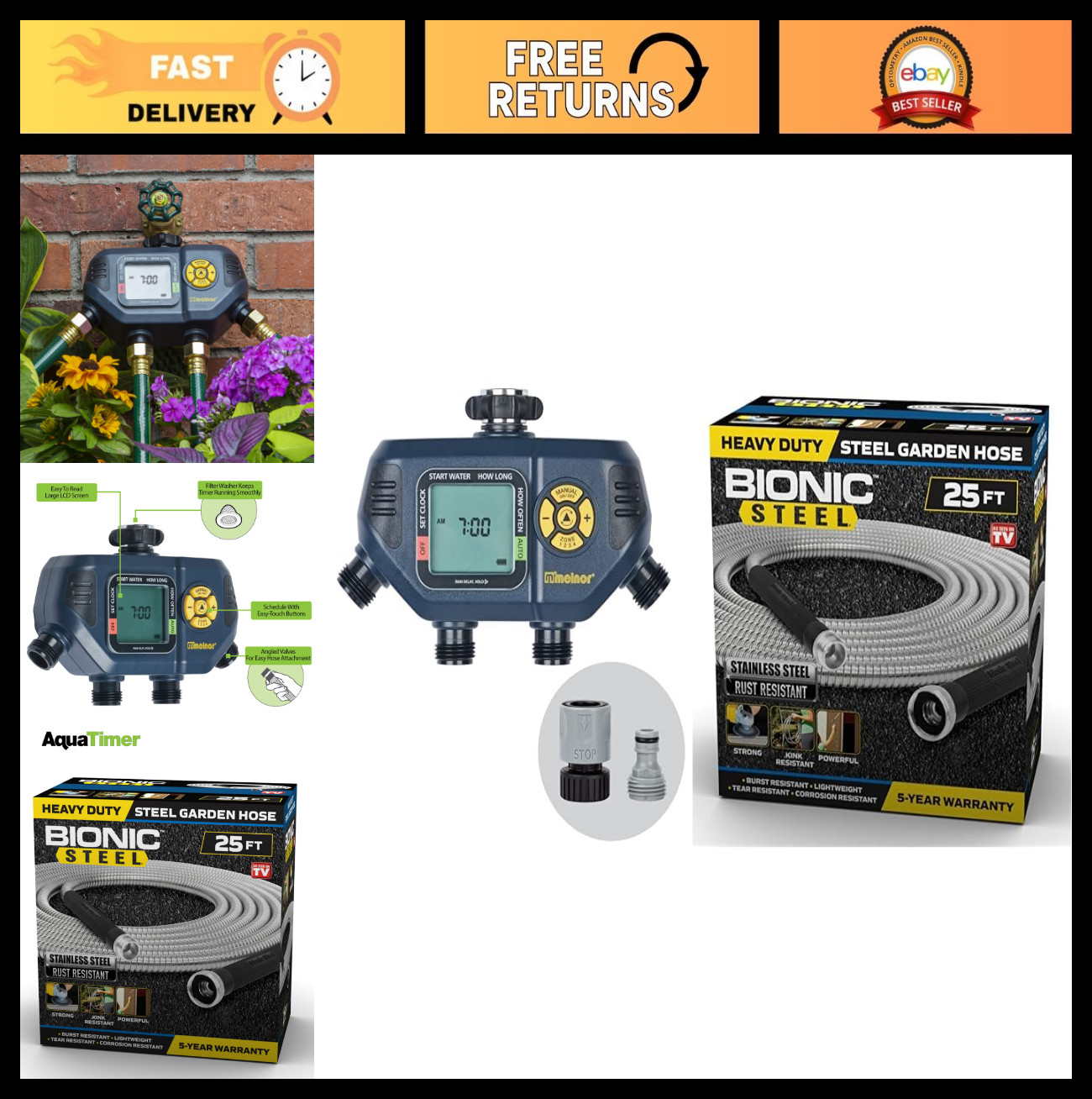 4 Zone Digital Timer & 25ft Metal Garden Hose Bundle - Durable, Easy Setup, Wate