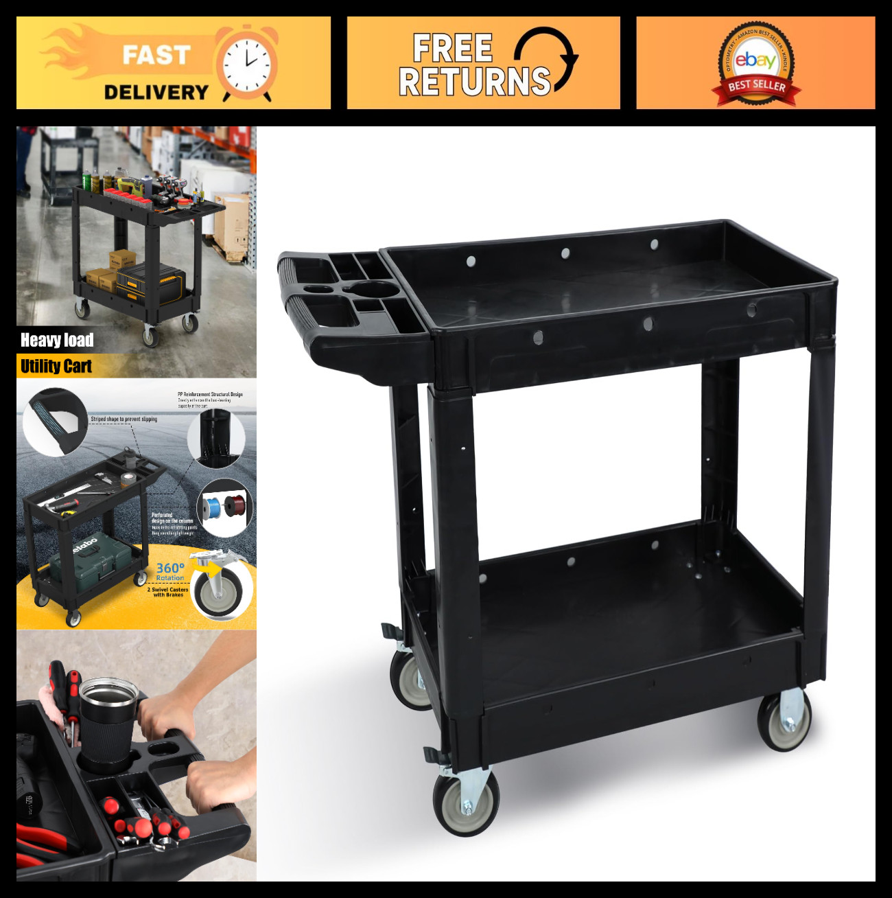 Heavy Duty Rolling Tool Cart, 40"x17" Plastic Storage Organizer, 550 lbs Capacit