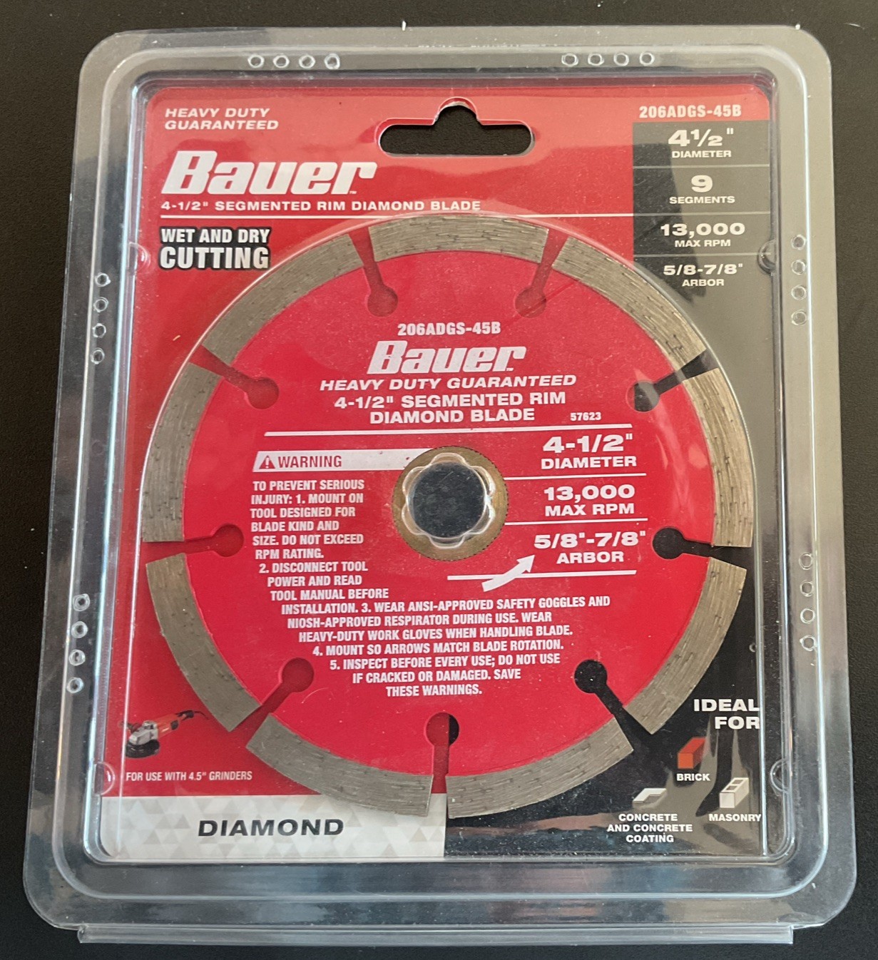 NEW! BAUER 4” Inch Masonry Segmented Rim Wet or Dry Cut Diamond Saw Blade
