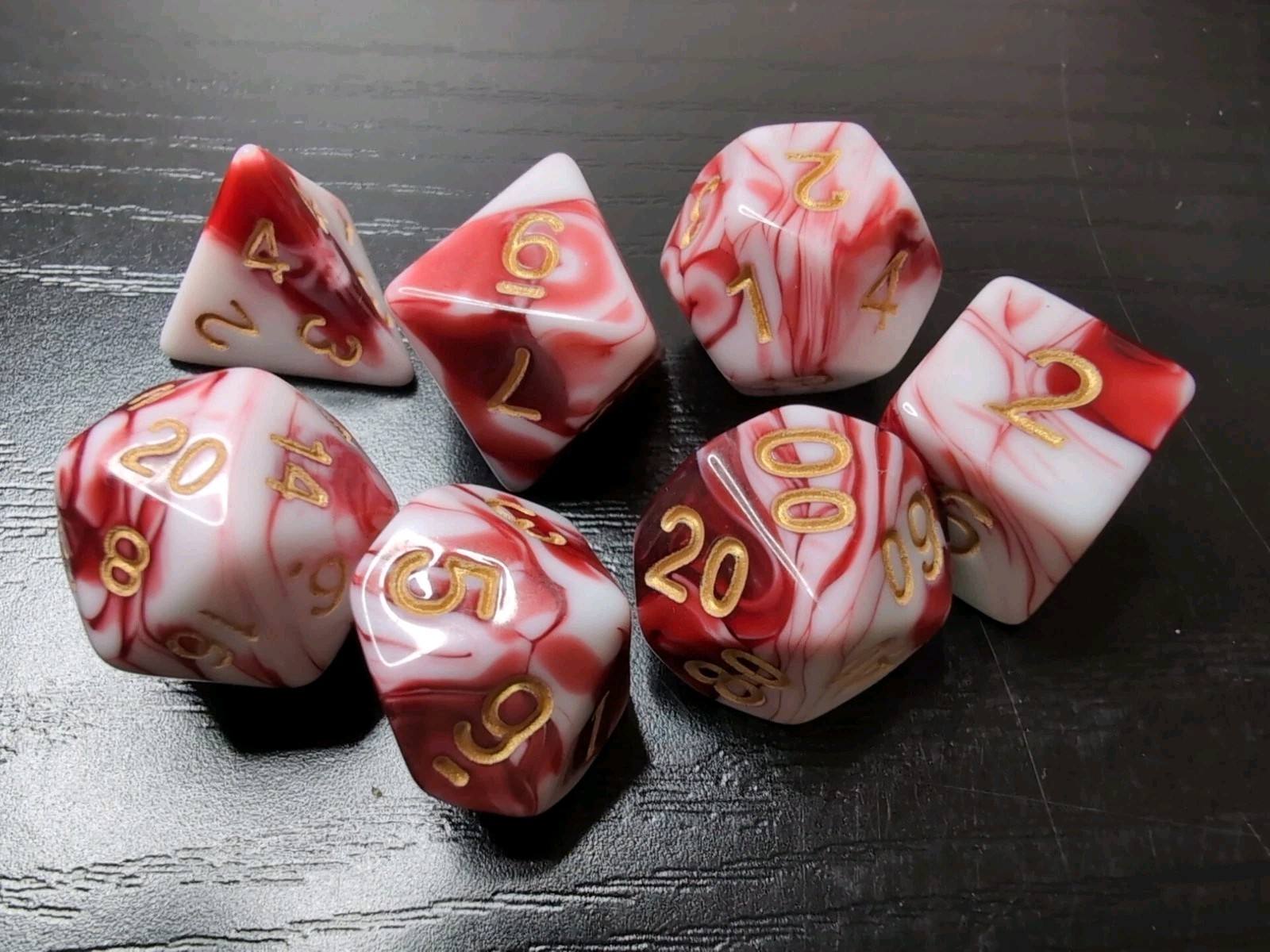 Dnd Red White Swirled Marbled 7 Piece Dice Set RPG Dungeons & Dragons