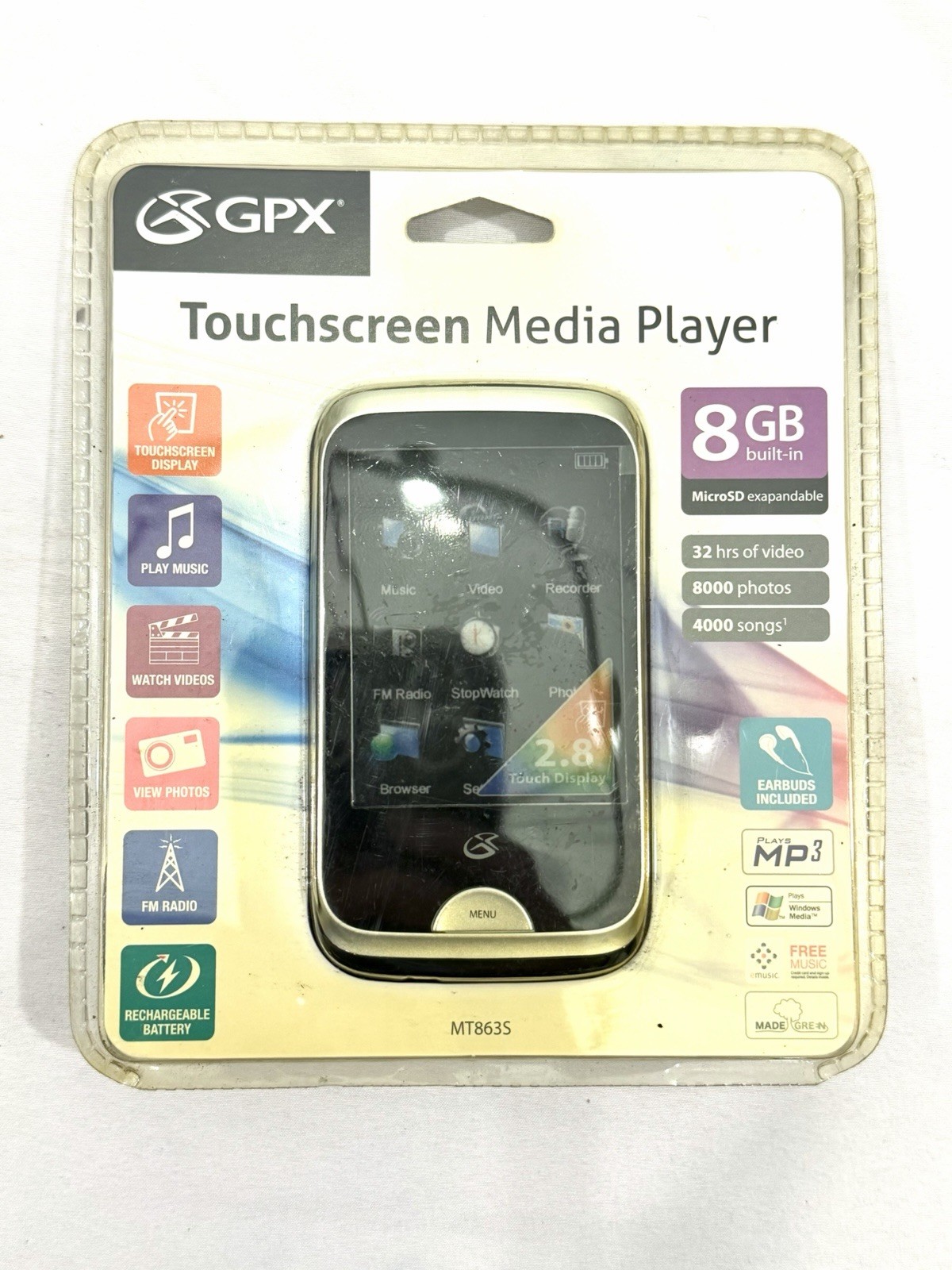 GPX MT863S 8GB 2.8" Digital Media Player Touchscreen Brand New and Sealed