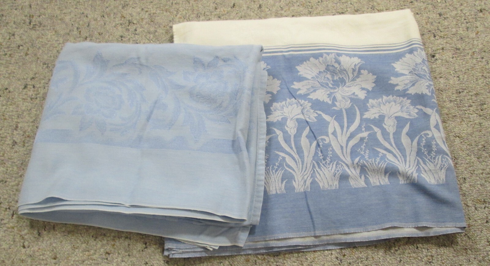 2 vintage blue & white tablecloths cutters for crafts crafting STAINS & HOLES