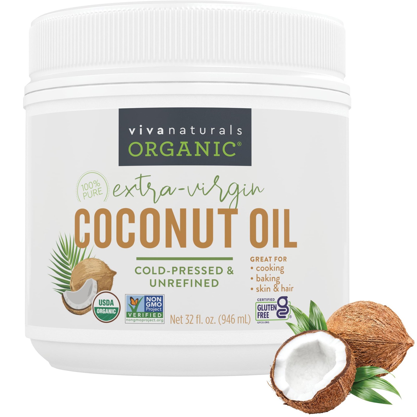 Viva Naturals Organic Coconut Oil, 32 fl oz – Unrefined, 32 Fl Oz (Pack of 1)