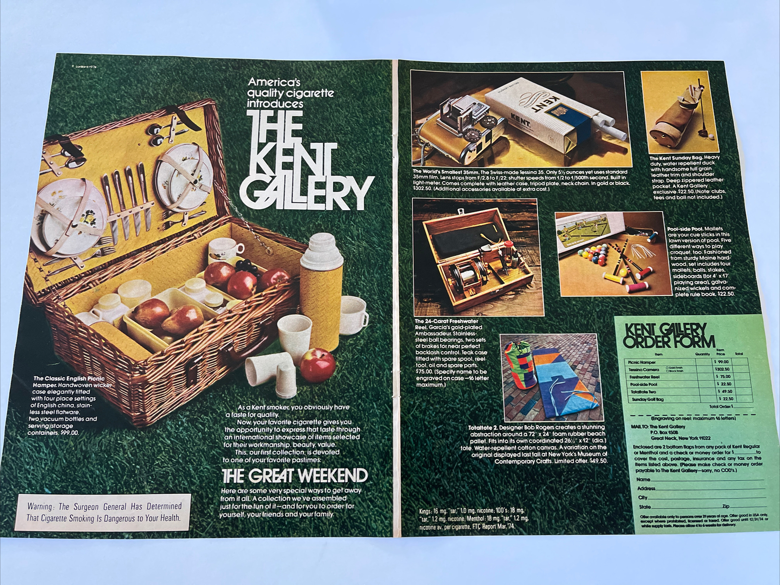 Vintage 1974 KENT Cigarettes Print Ad Kent Gallery 2 Page Ad Picnic Basket