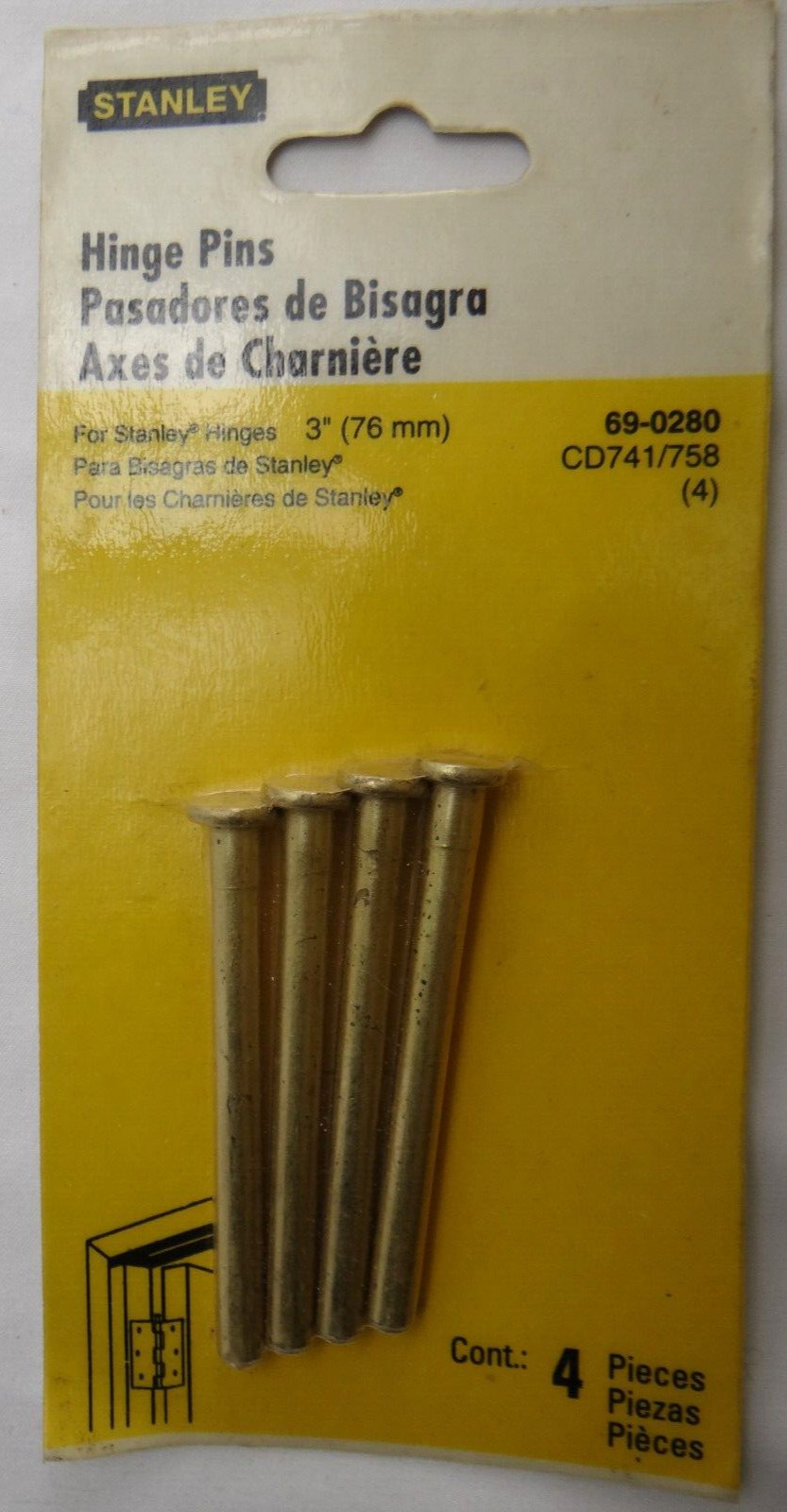 Stanley Steel Door Hinge Pins 3" (76mm) 69-0280, CD741/758(4), Satin Brass, NOS