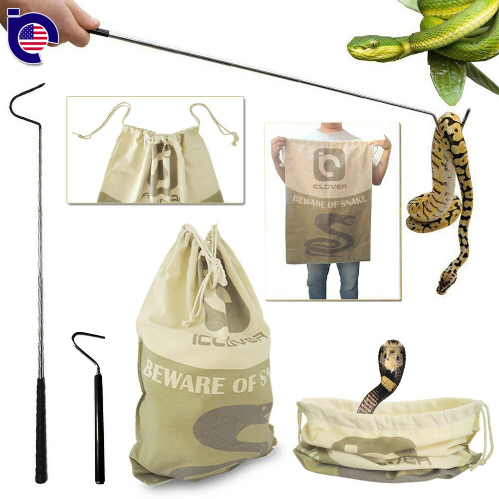 Extendable Pocket Snake Hook Reptile Tongs + Large Snake Drawstring Catcher Bag