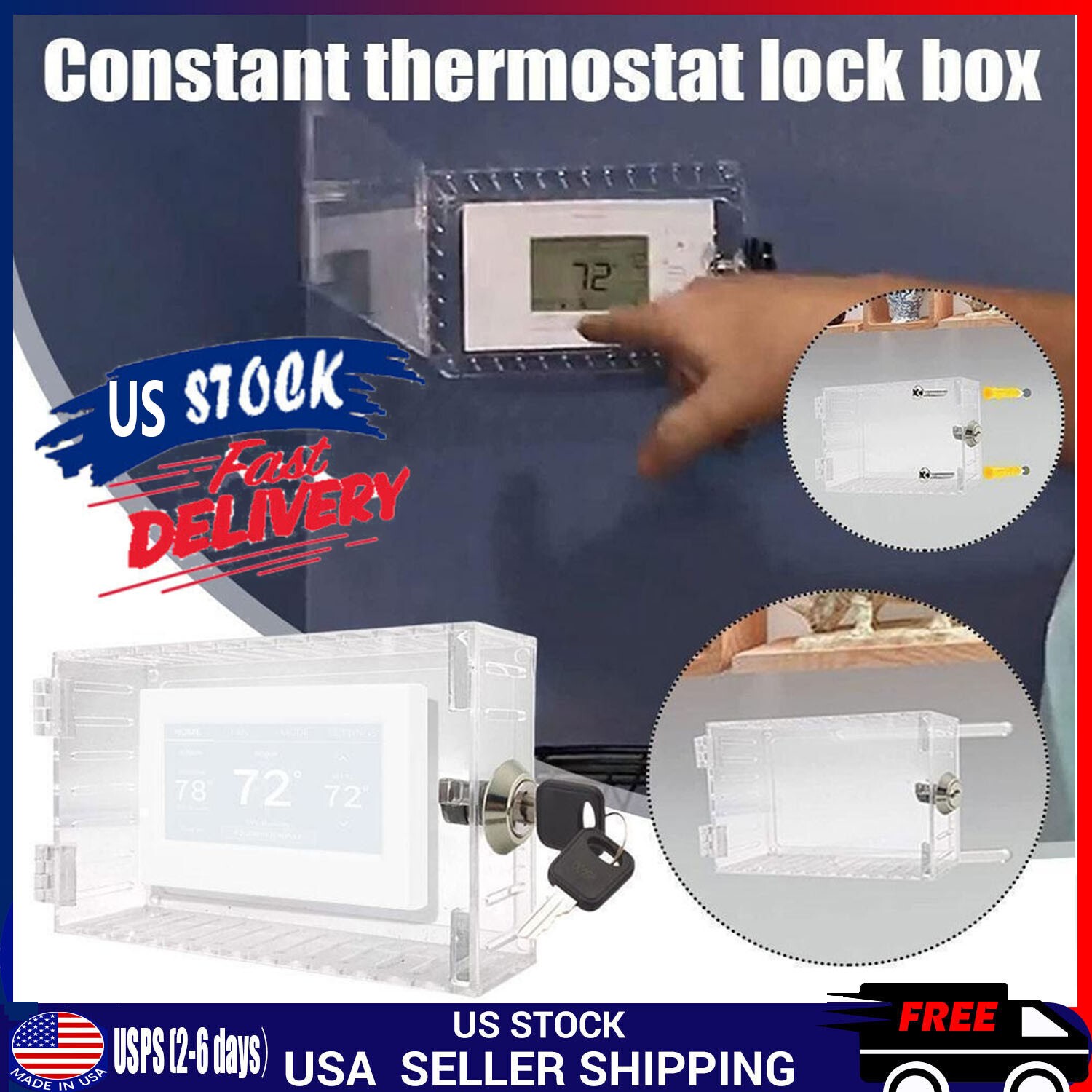 Secure Thermostat Guard Clear Cover Lock Box with 2 Keys for Enhanced Security