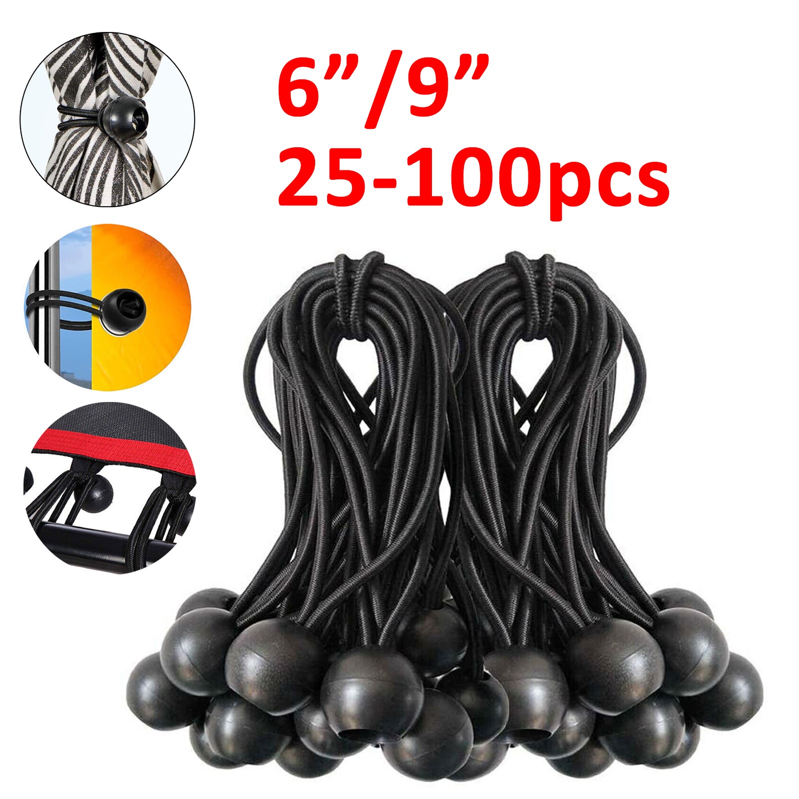 25-100 Pcs 6" 9" Black Ball Bungee Bungie Cord Heavy Duty Canopy Tarp Tie Downs