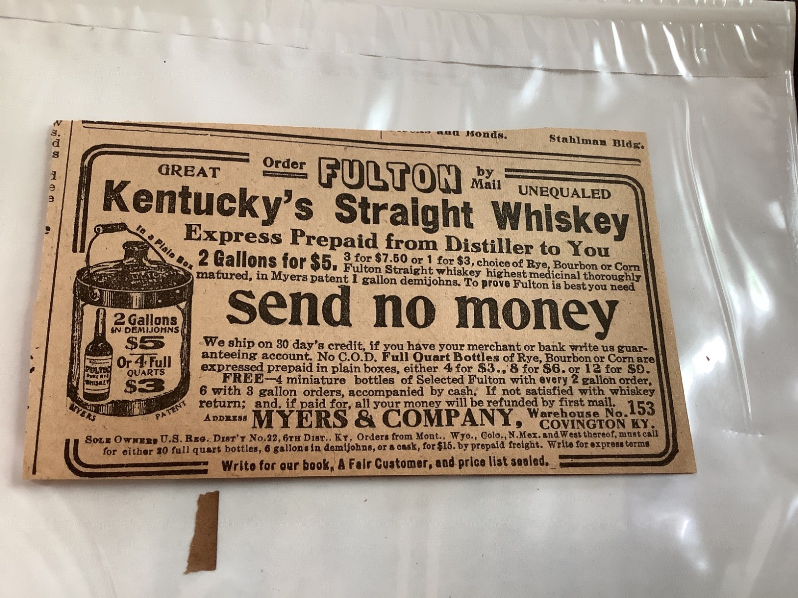 1910 Newspaper Ad FULTON Kentucky straight  WHISKEY Myers & Company DISTILLERS