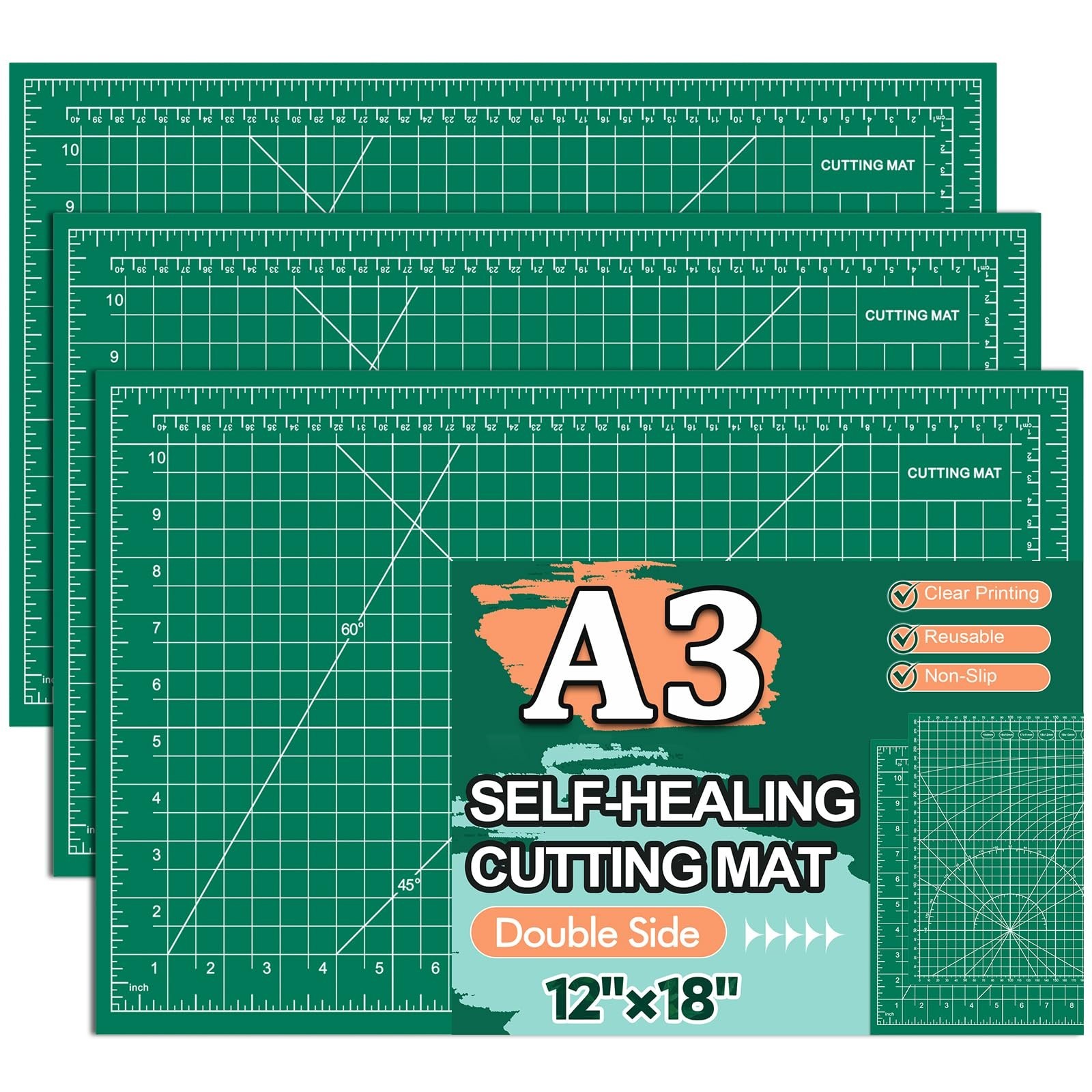 Self Healing Cutting Mat 3 Packs, 12×18 Inch Fabric Cutting Mats for Crafts