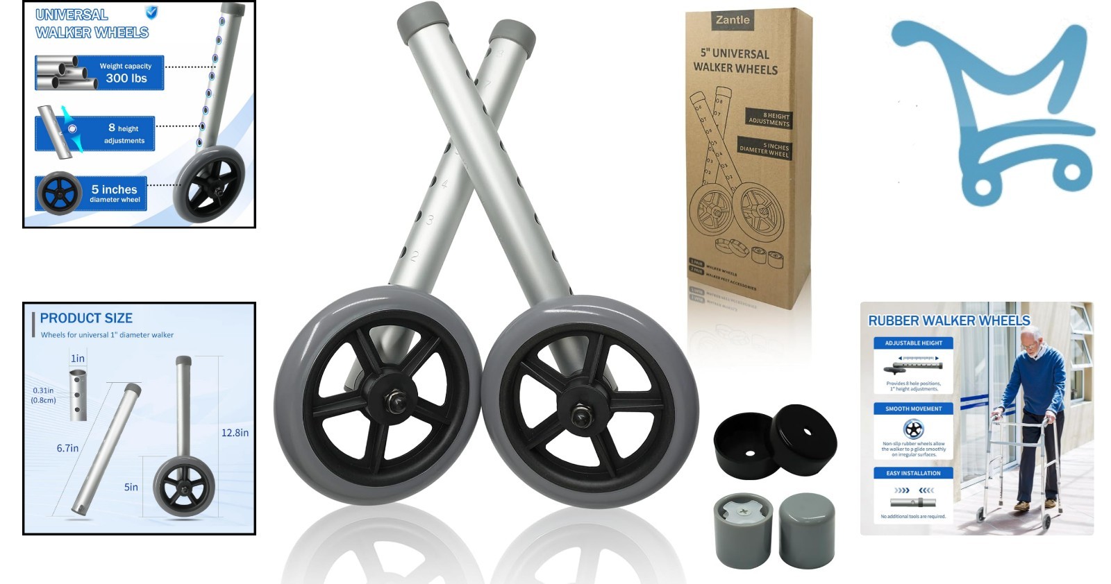 Walker Wheels Replacement 5 Inch Rubber Aluminum for Seniors Mobility