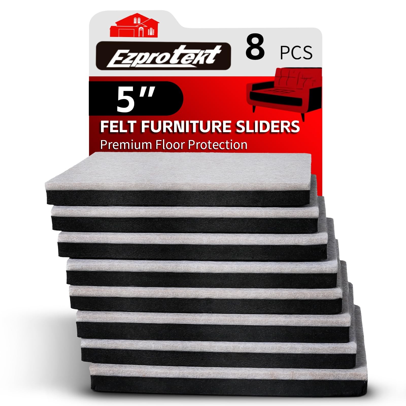 5" Square Felt Furniture Movers Sliders for Hardwood Floors, 8 Pcs Reusable F...