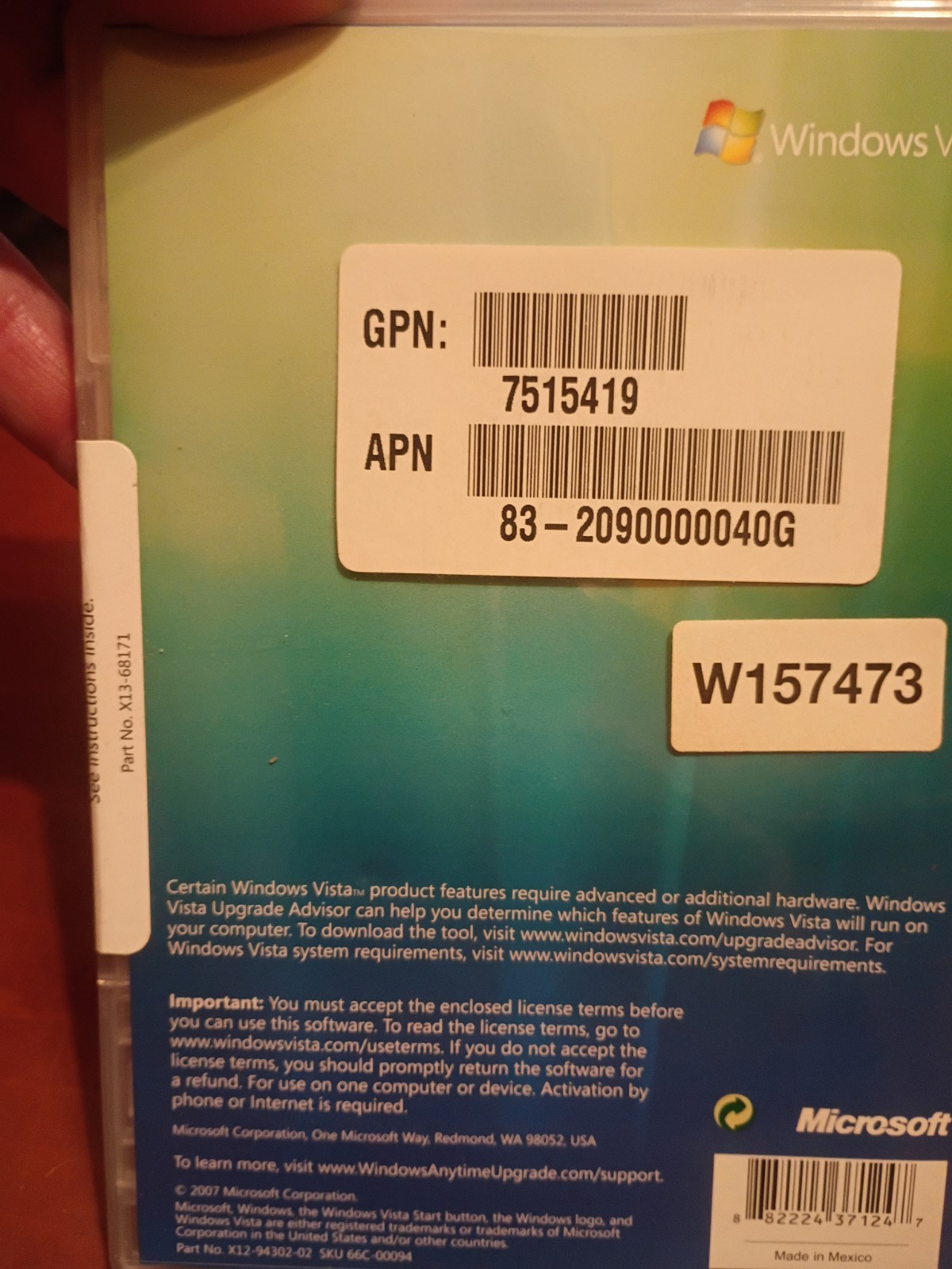 Microsoft Windows Vista Anytime Upgrade Disc 32 bit English DVD Software