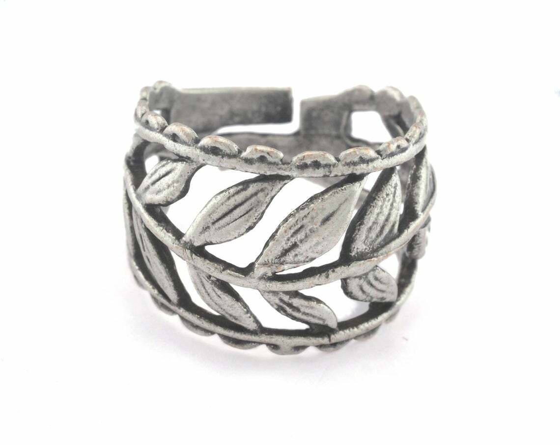Leaf Adjustable Ring Antique Silver Plated brass 18mm 8US innsize Adjustab 3349