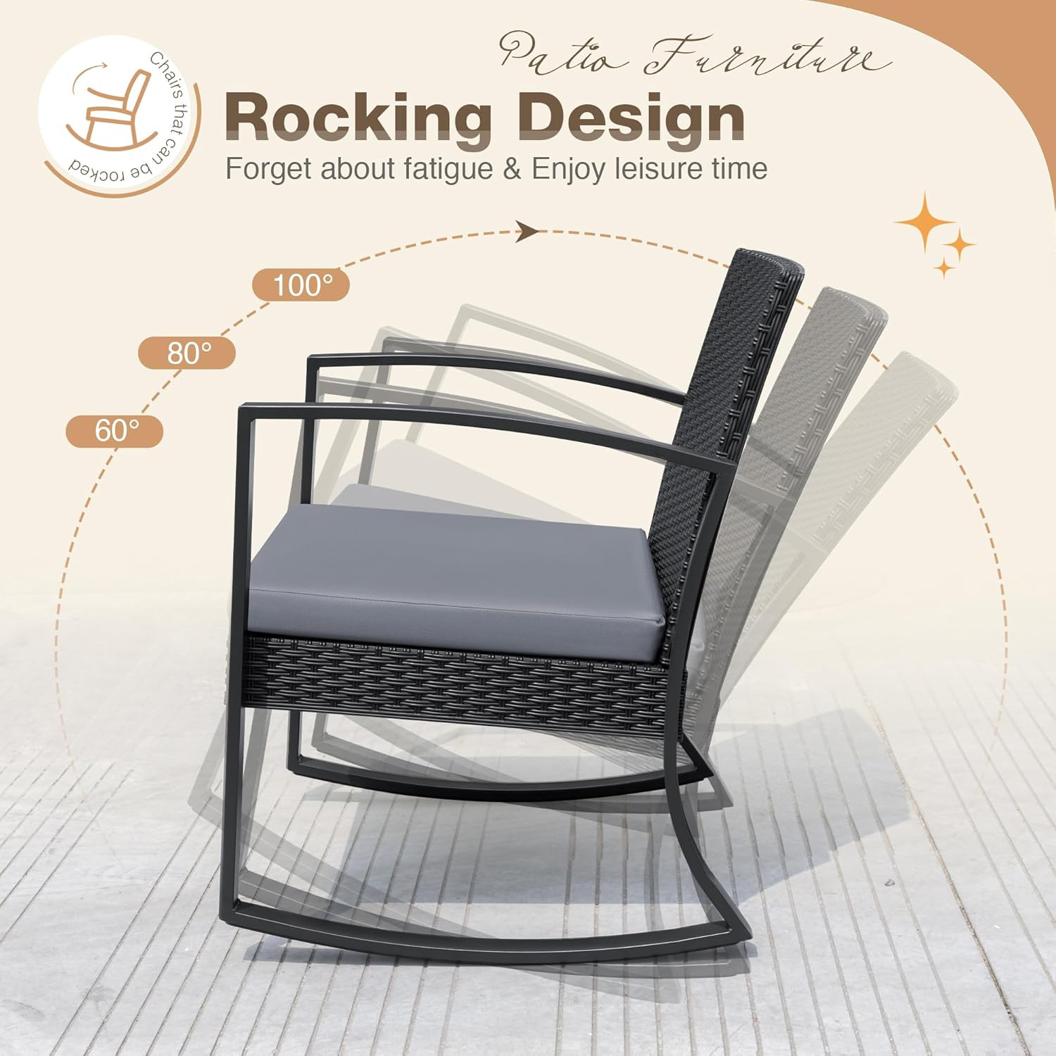 3 Pieces Outdoor Furniture Set Patio Bistro Rocking Chairs with Glass Coffee Tab