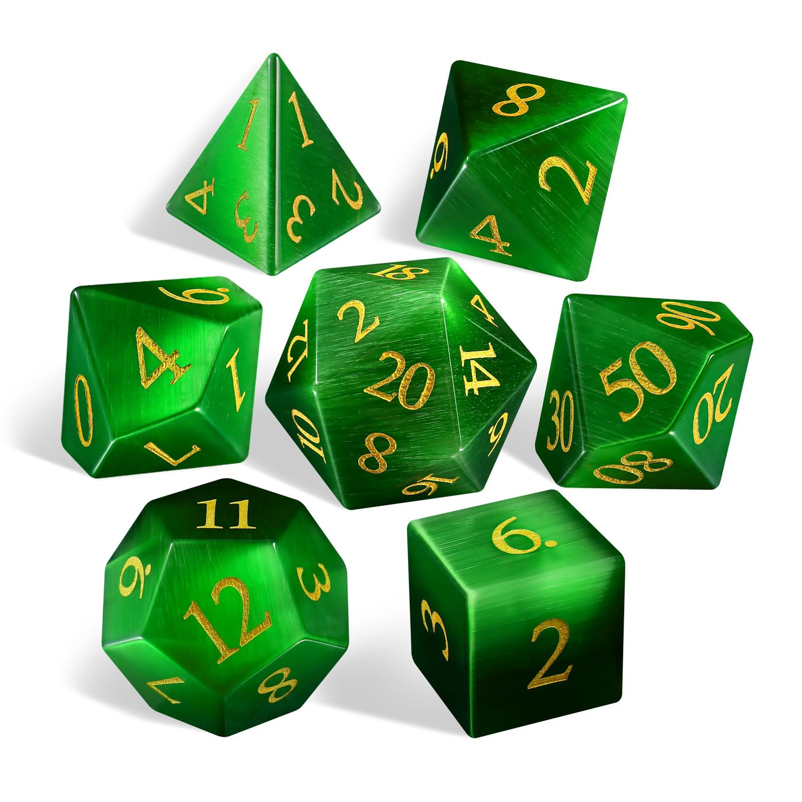 7-Piece Green Artificial Cat's Eye Crystal Polyhedral Dice Set for Dungeons &...