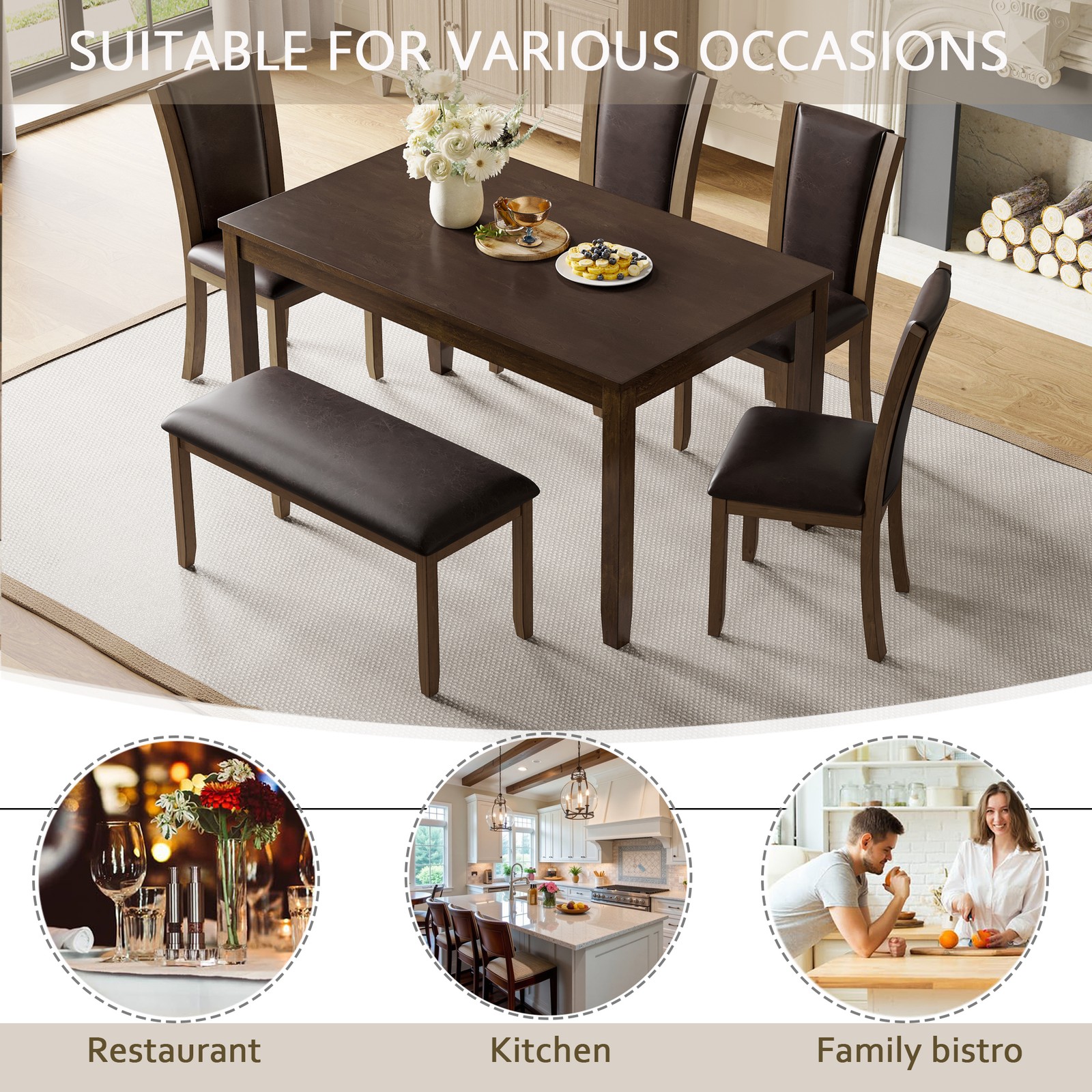 6-Piece Dining Table Set with Bench and Chairs, Wooden dining table set for 6