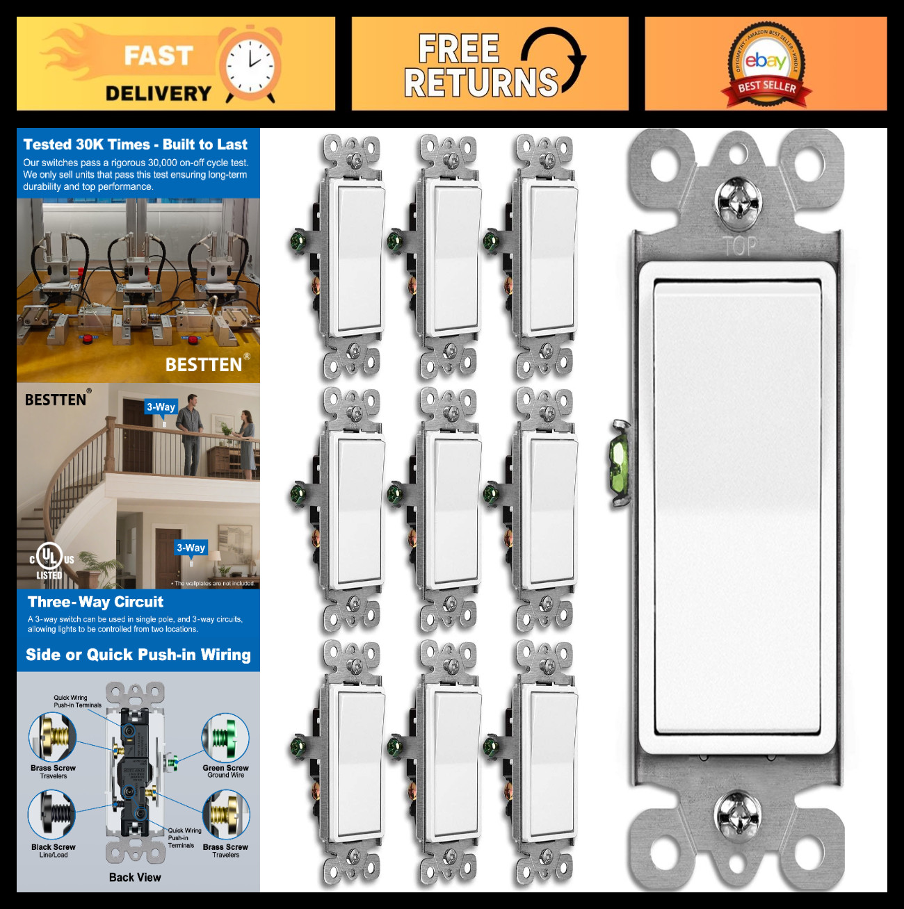 10 Pack 3-Way Light Switches, UL Listed Rocker Paddle, 15A 120/277V, White