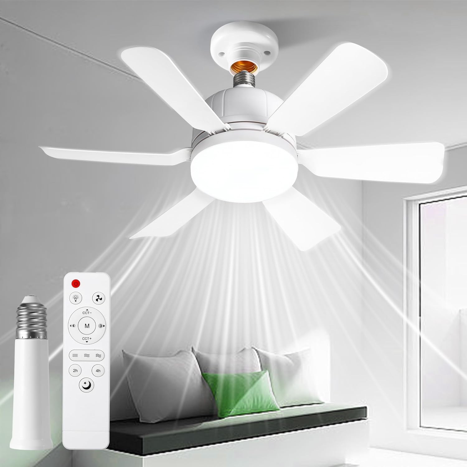 20in Dimmable E27 Socket Ceiling Fan Light 3Color Temp LED Fan Light with Remote