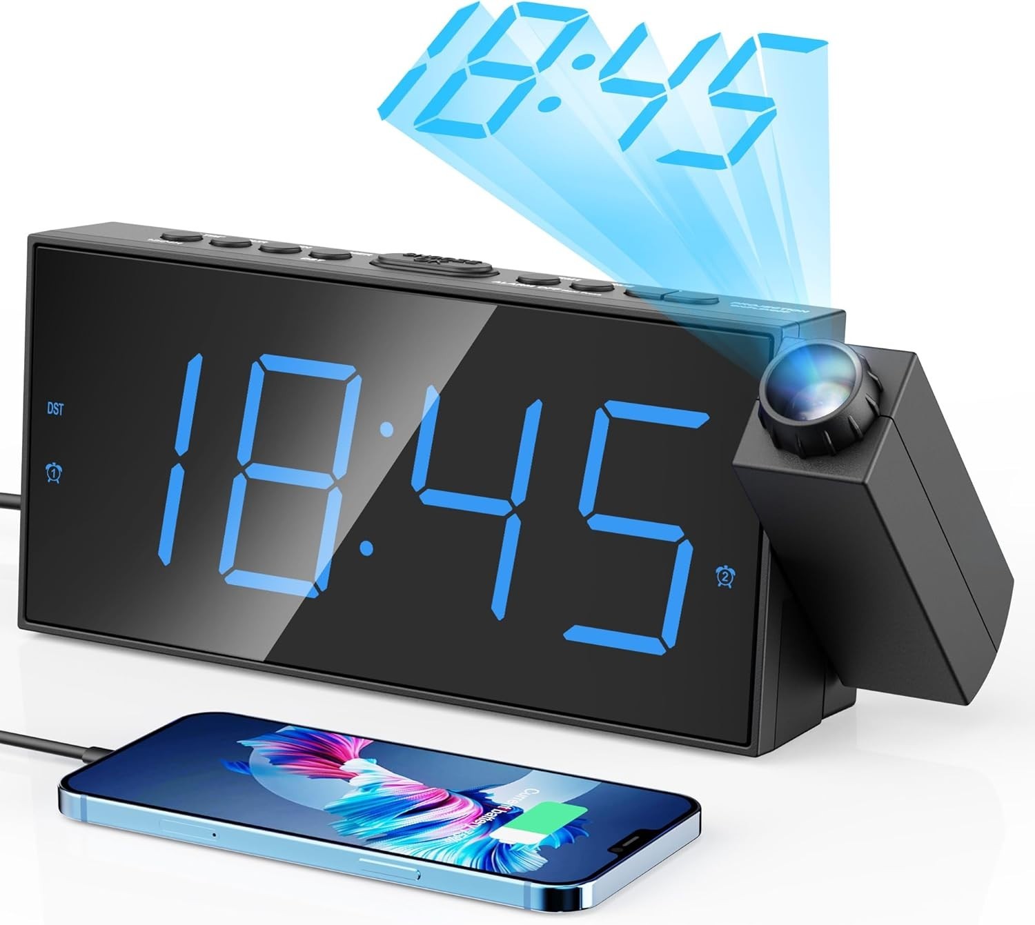 Digital Projection Alarm Clocks for Bedrooms - Large LED Display, 180° Rotata