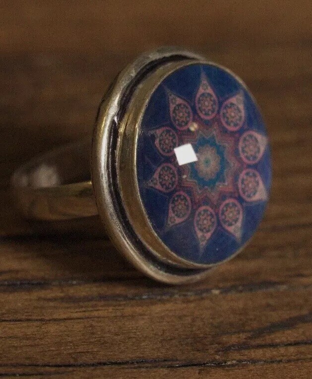 Art Glass Blue and Pink Flower Dome Ring Size 8.5 Artisan Handcrafted