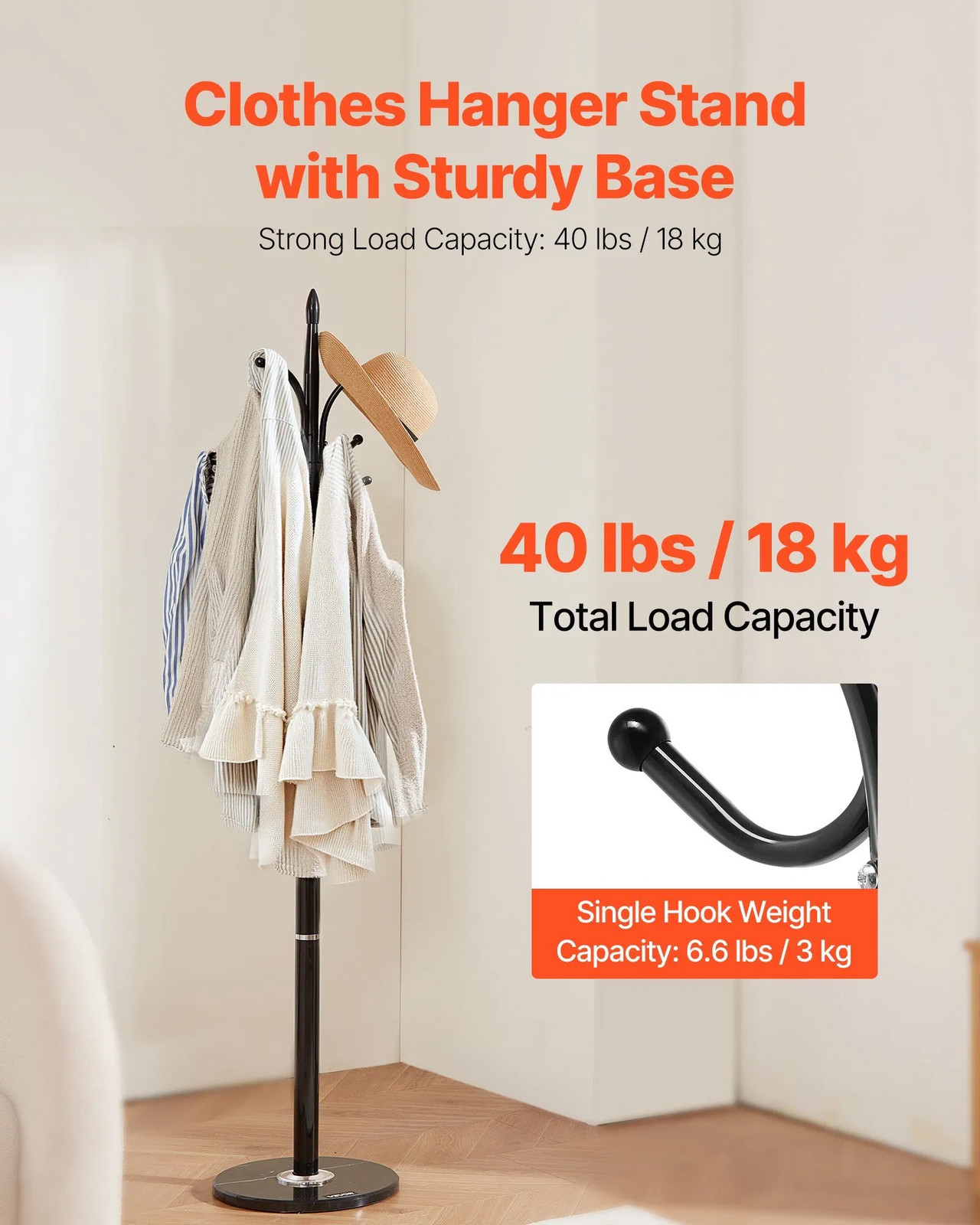 Coat Rack Freestanding, Coats Tree Stand with Stable Marble Base & 6 Hooks, Free