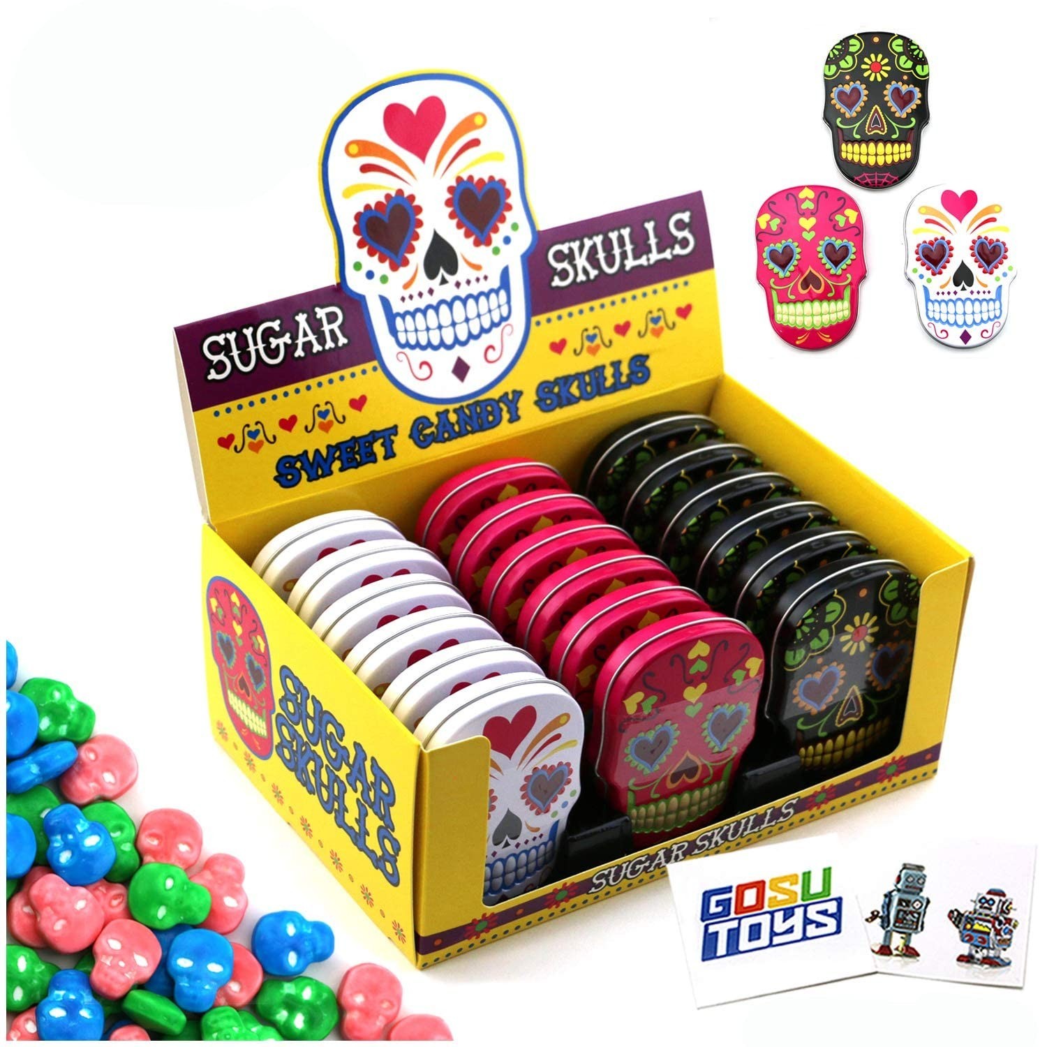 Sugar Skulls Tin Candy (18 Pack Case) Festive Sweet Flavor Skill Shaped Gift