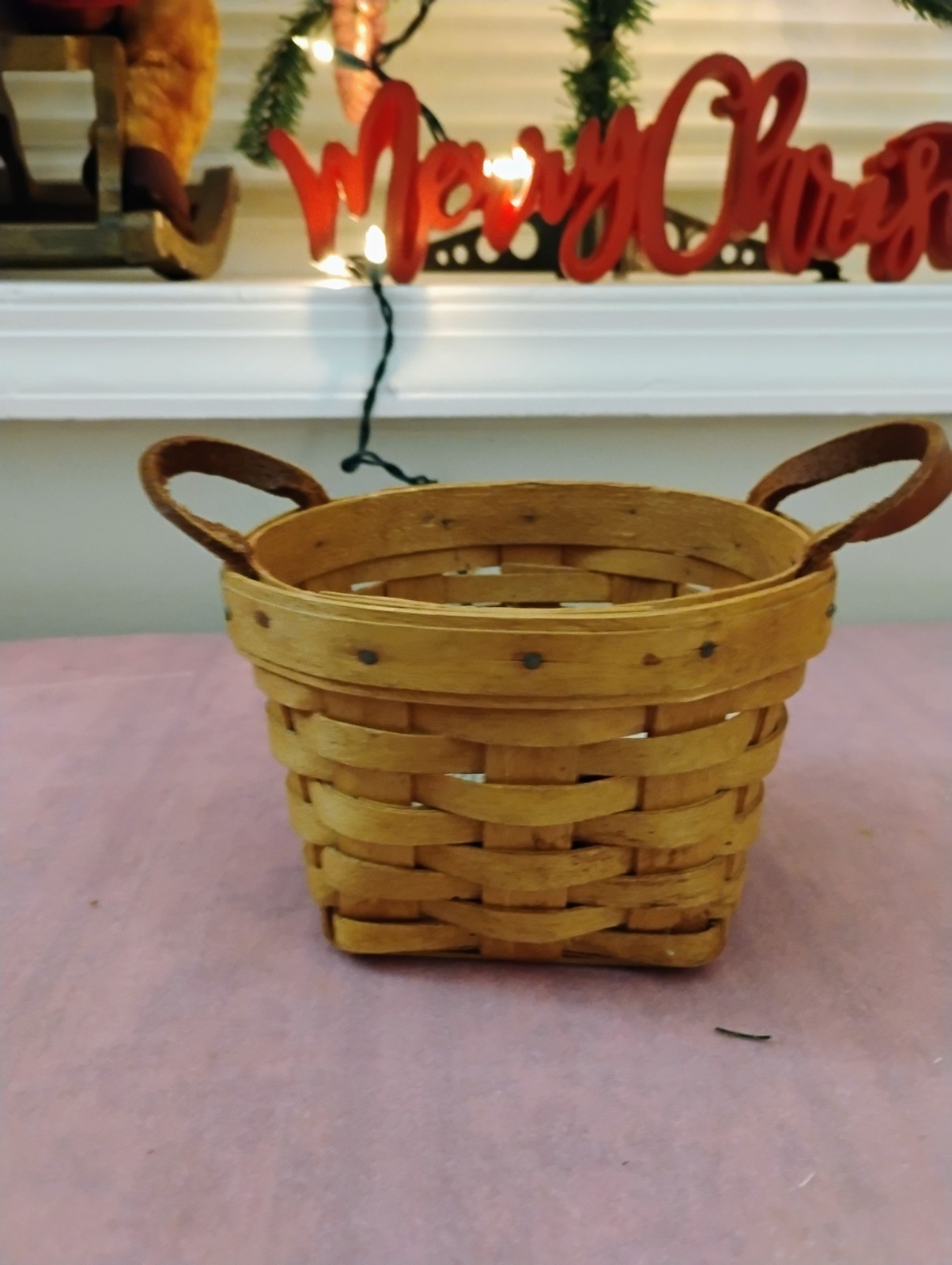 LONGABERGER Handwoven Small Basket with 2 Leather handles 1991