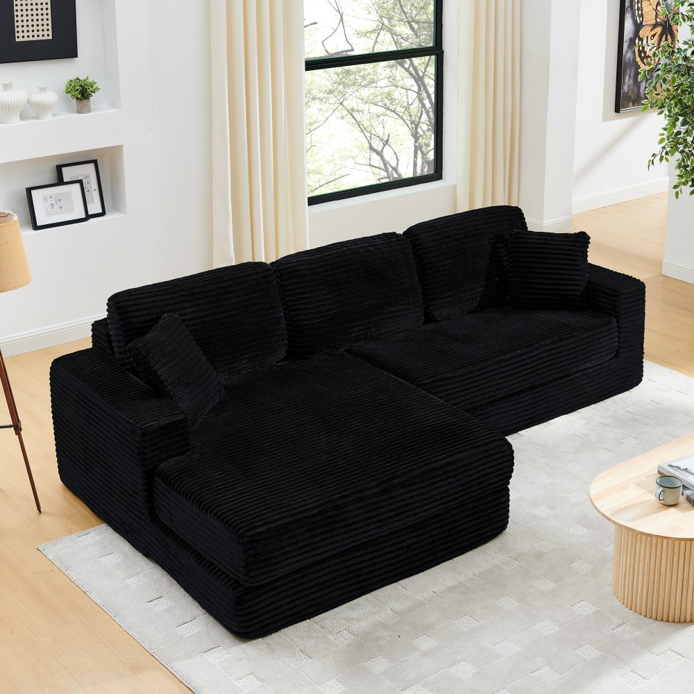 L-Shaped Gray Corduroy Sectional Sofa Converts to Queen Bed