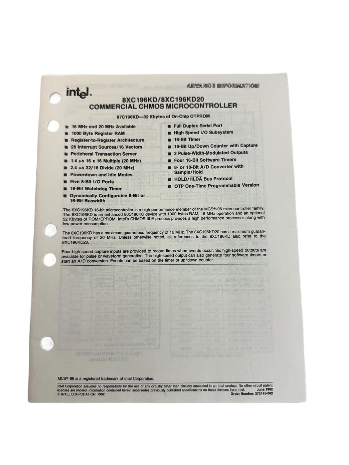 Intel 1994 MCS-96 / 186 / MCS-51 AP Builder Software Literature Borchure