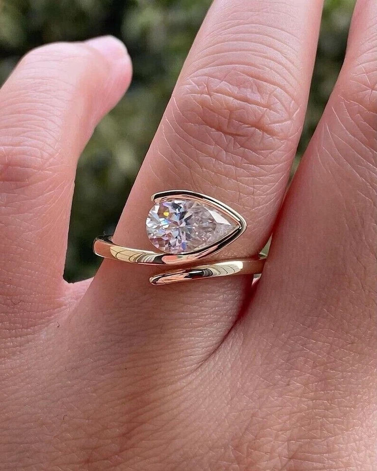 Bezel Setting Pear Cut 2.10 Ct Moissanite Engagement Wedding Ring