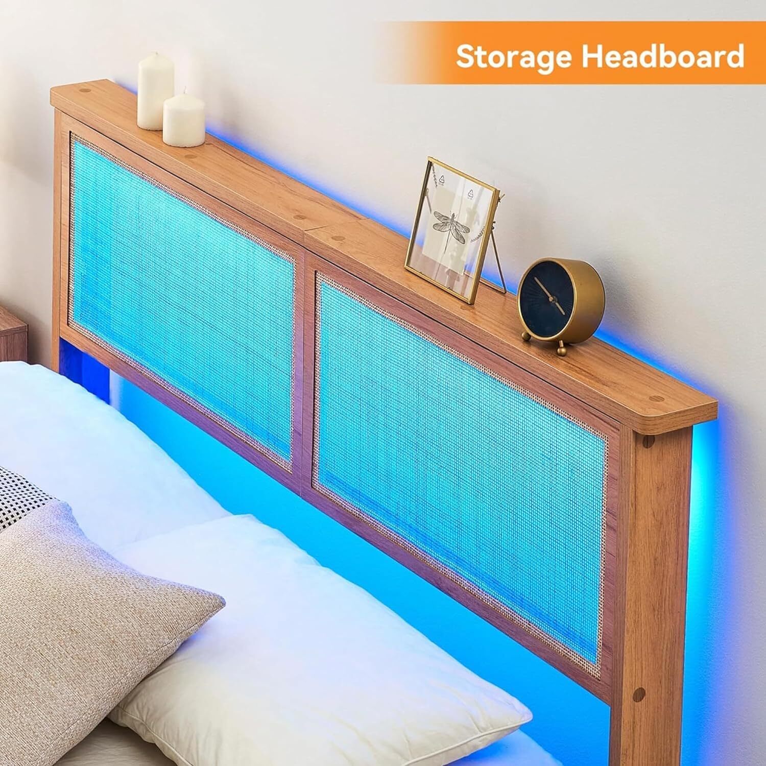 Queen Size Bed Frme W/Rttn Hedbord nd LED Lights Rttn Bed Frme Woode