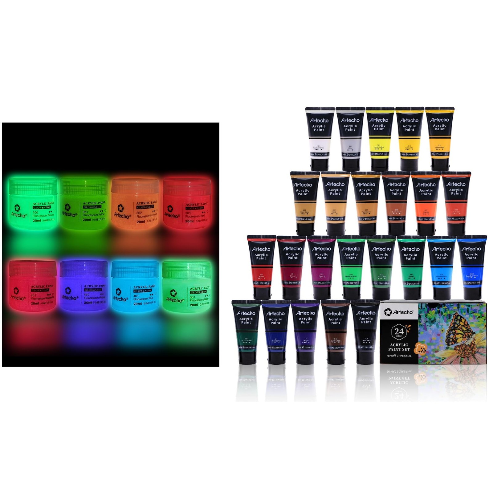 Artecho Glow in the Dark Paint - Set of 8 Colors, 20 ml / 0.7 oz Acrylic...