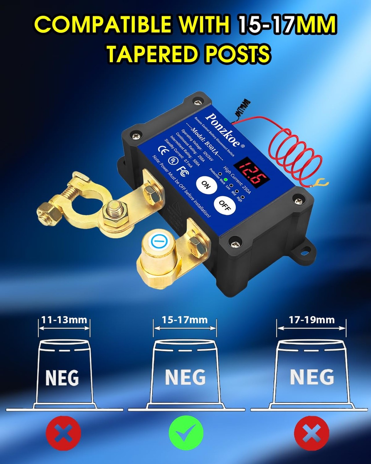 250A Smart Remote Battery Disconnect Switch 12V 24V - Quick Kill Switch for C...