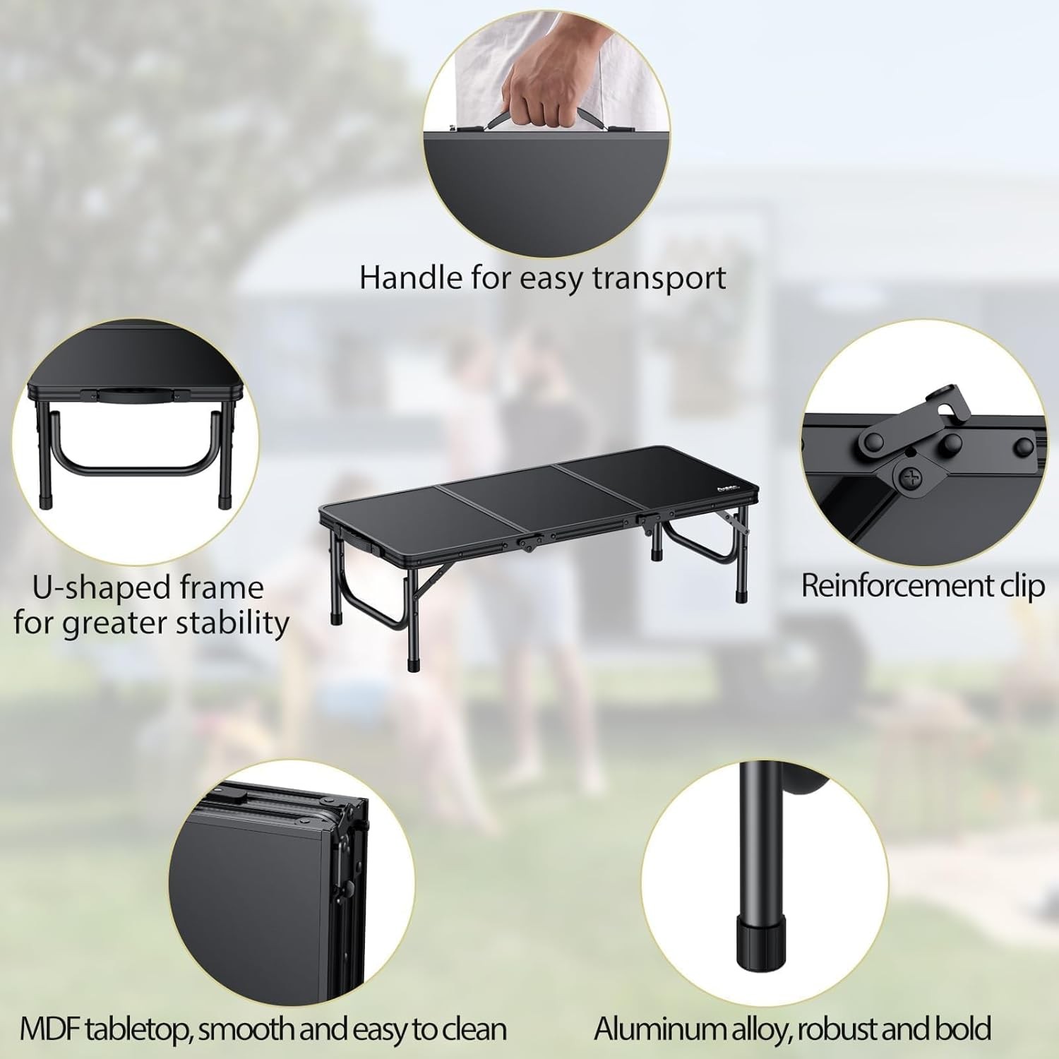 3ft Low Folding Picnic Table 10.3" Height Thicker Aluminum Small Camping Table