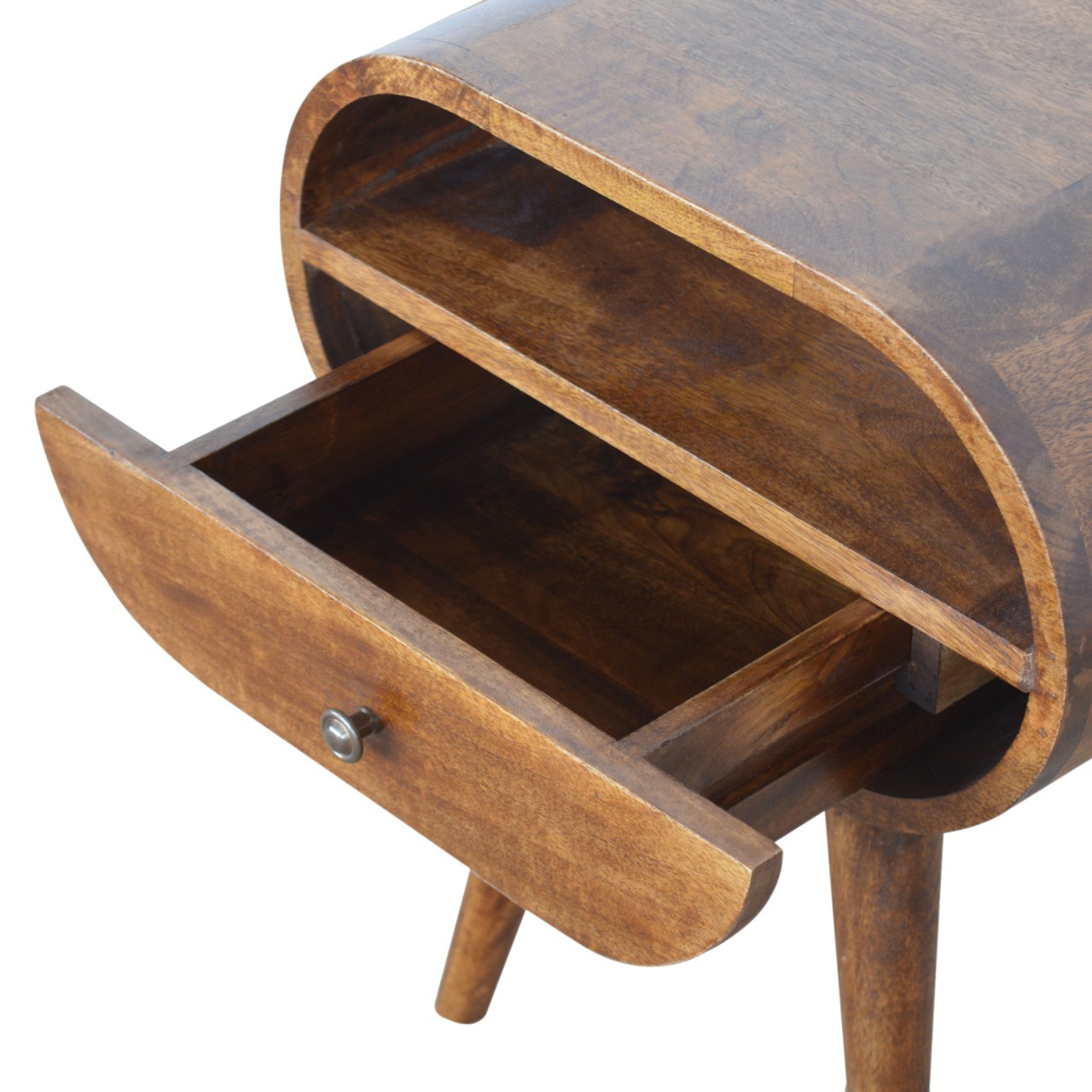 Chestnut Solid Wood Nightstand, Circular Open Bedside Table, 1 Drawer, Mango