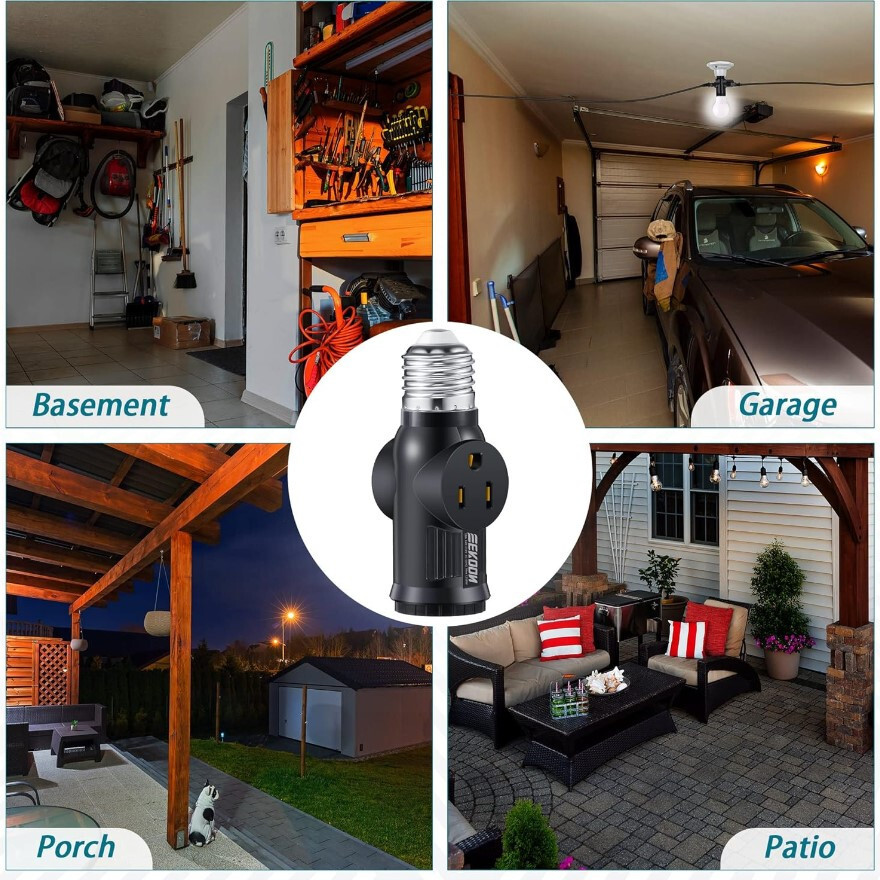 3 Prong Light Bulb Outlet Socket Adapter E26 E27 Light Socket to Plug Adapter