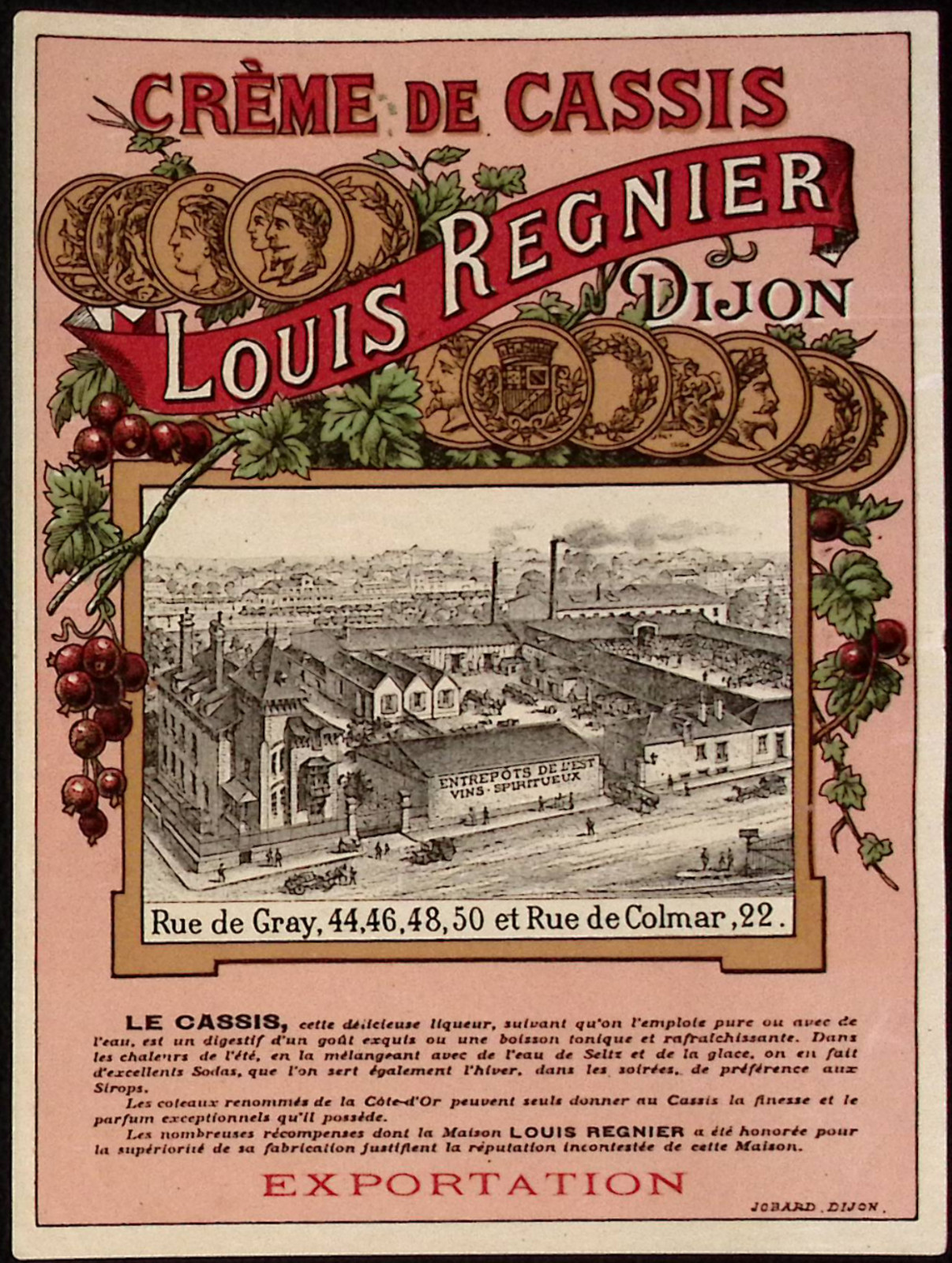 Pre-Prohibition Louis Regnier Creme de Cassis Dijon FRANCE Exportation Label