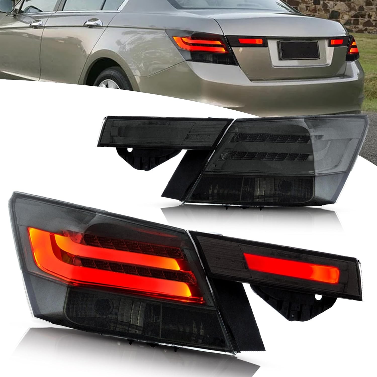 VLAND 4PCS Smoked LED Tail Lights Fit 2008-2012 Honda Accord Sedan Rear Lamps