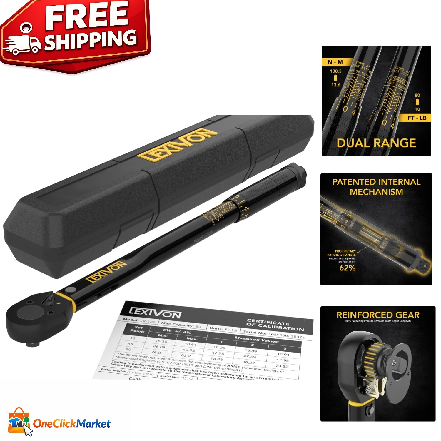 Precision-Locked 3/8-Inch Torque Wrench 10-80 Ft-Lb with Calibration Certificate