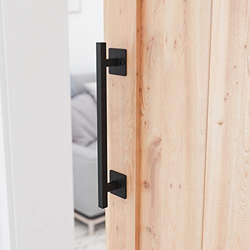 12" Sliding Barn Door Handle, Black Flush Square Base | Solid Steel Frosted
