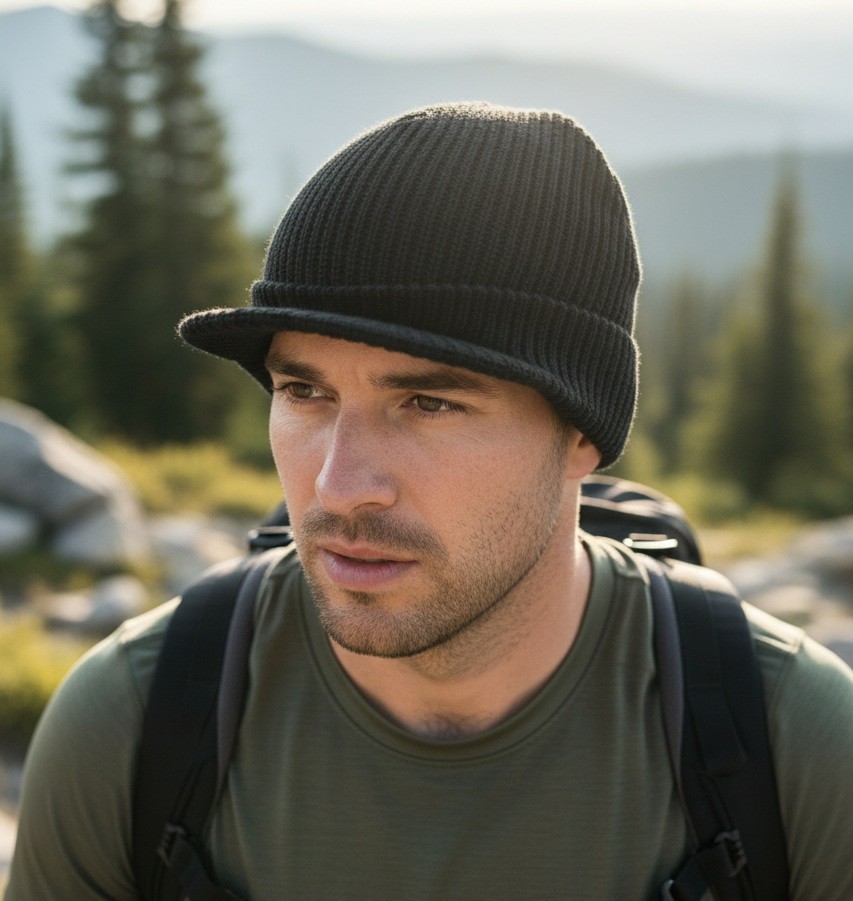 Solid Black Billed Cap Knit Beanie Visor Winter Hat Radar Military Tactical Brim