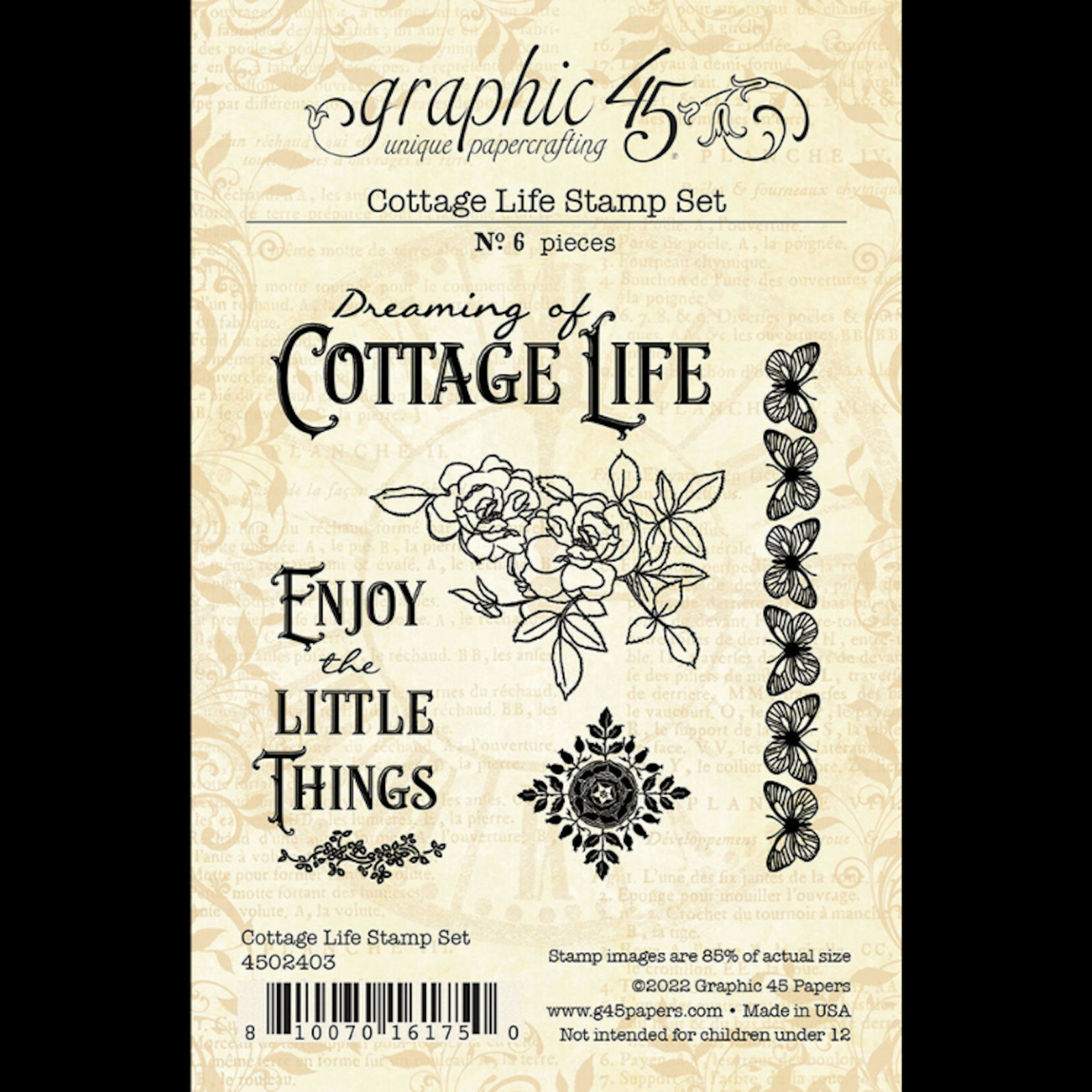 Graphic45 COTTAGE LIFE Set of (6) Clear Cling Stamps scrapbooking GARDEN FLOWERS