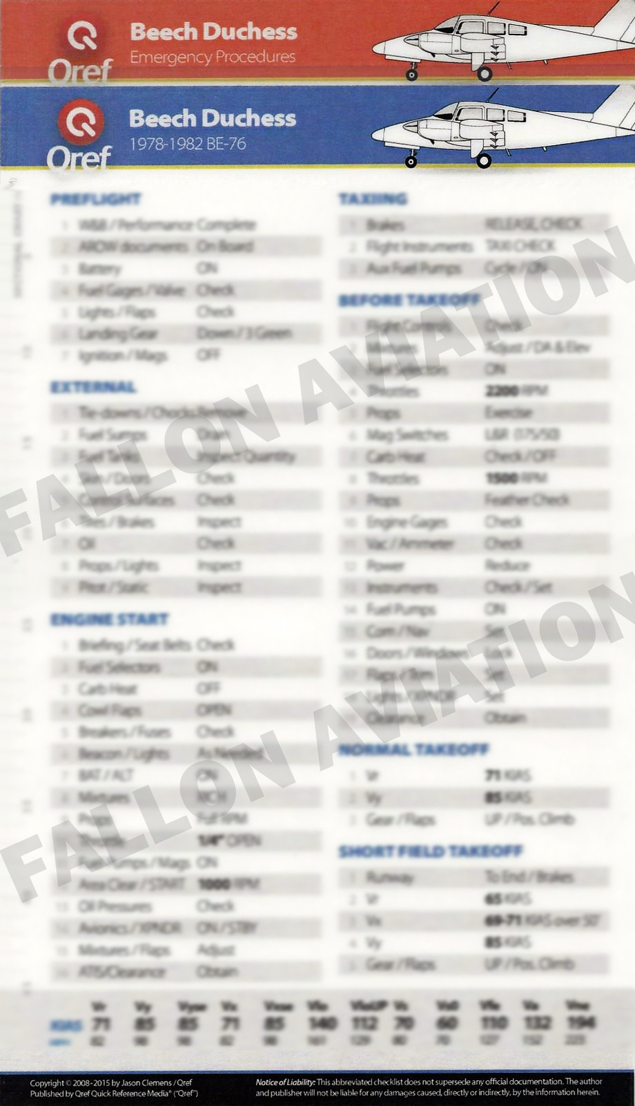 Beechcraft Duchess BE-76 Quick Reference Aircraft Checklist Card by Qref