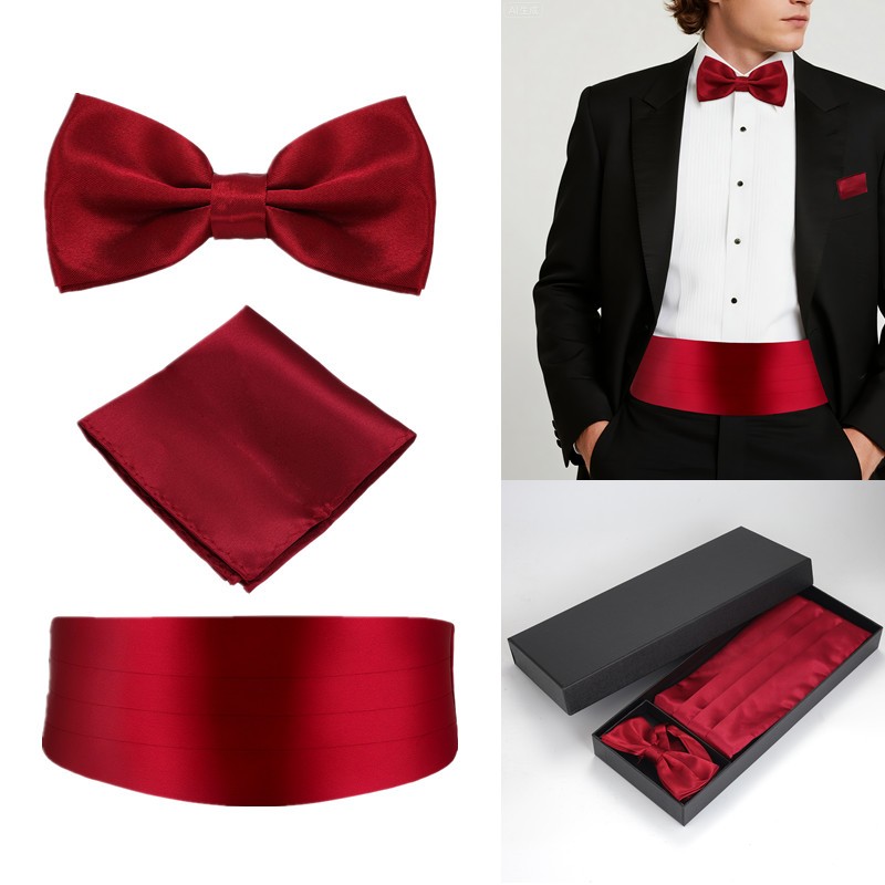 3pcs Mens Cummerbund Pretied Bow Tie Breast Pocket Handkerchief Set for Tuxedo