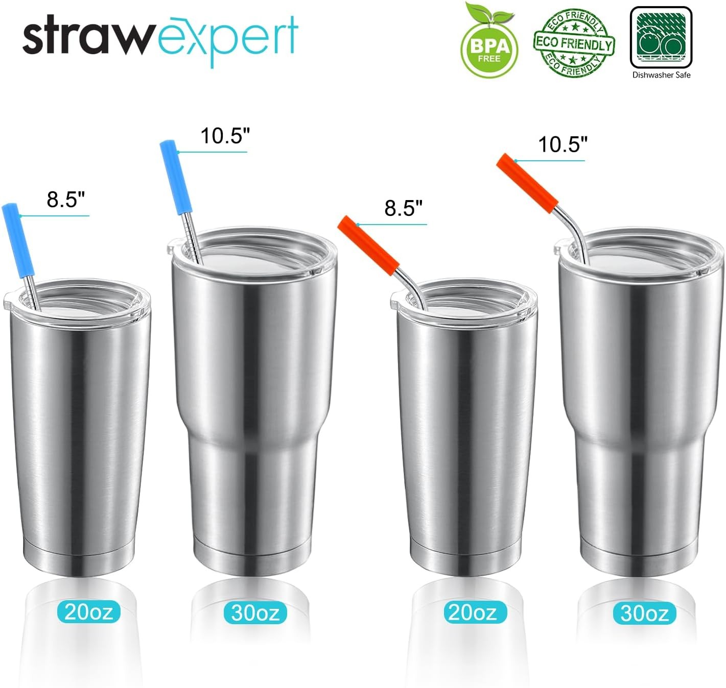 Set of 16 Reusable Stainless Steel Straws with 21 Piece Assortment, Silver